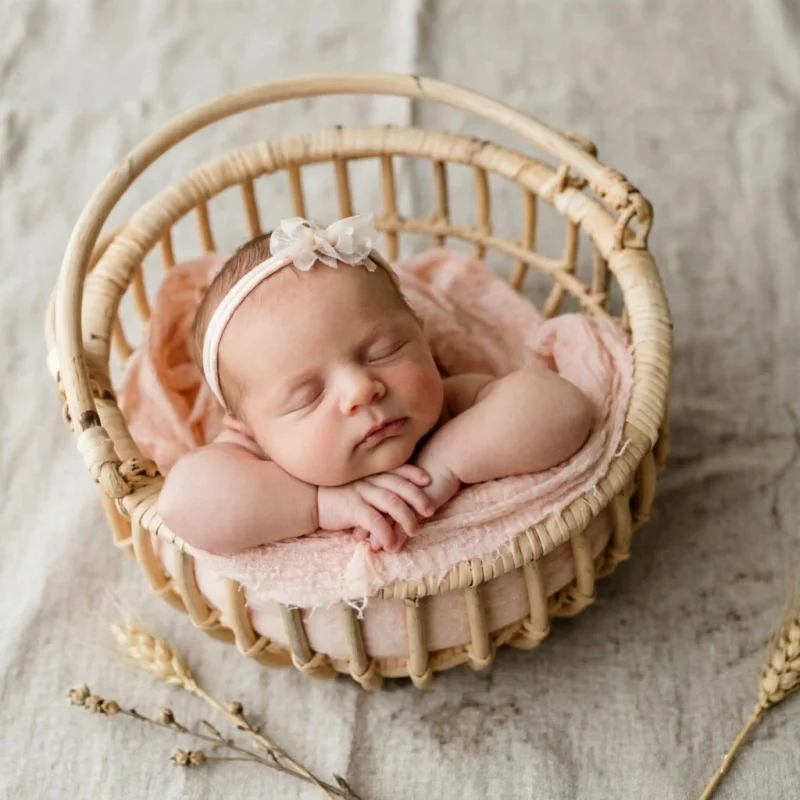Baby Nursery Girl - Infant Posing Bed Retro Rattan Basket