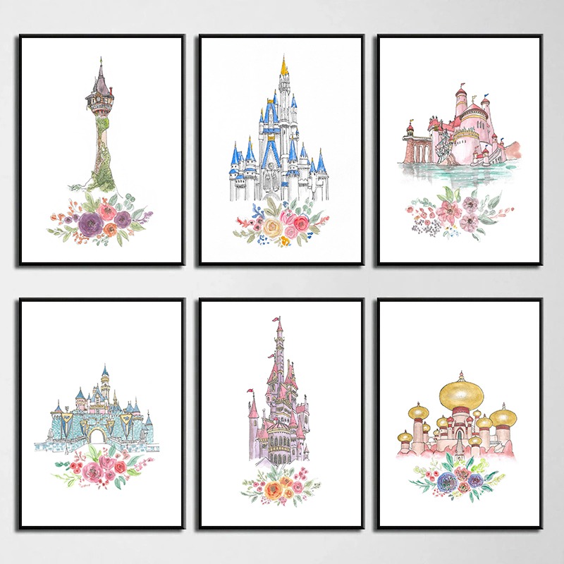 Baby Nursery Girl - Watercolor Princess Castle Posters and Prints