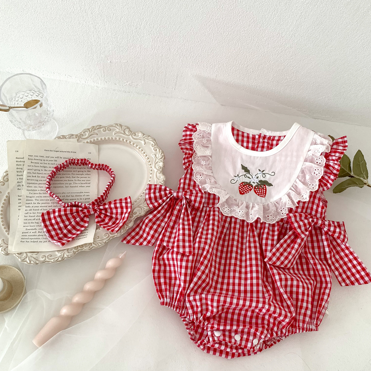 Baby Nursery Embroidery - Summer Baby Girls Romper+Headband Newborn Red