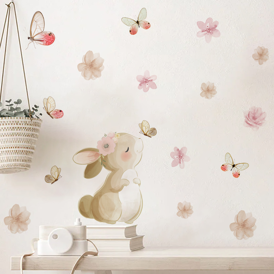 Baby Nursery Furniture - Cartoon Rabbit Flowers Butterfly Wall Sticker
