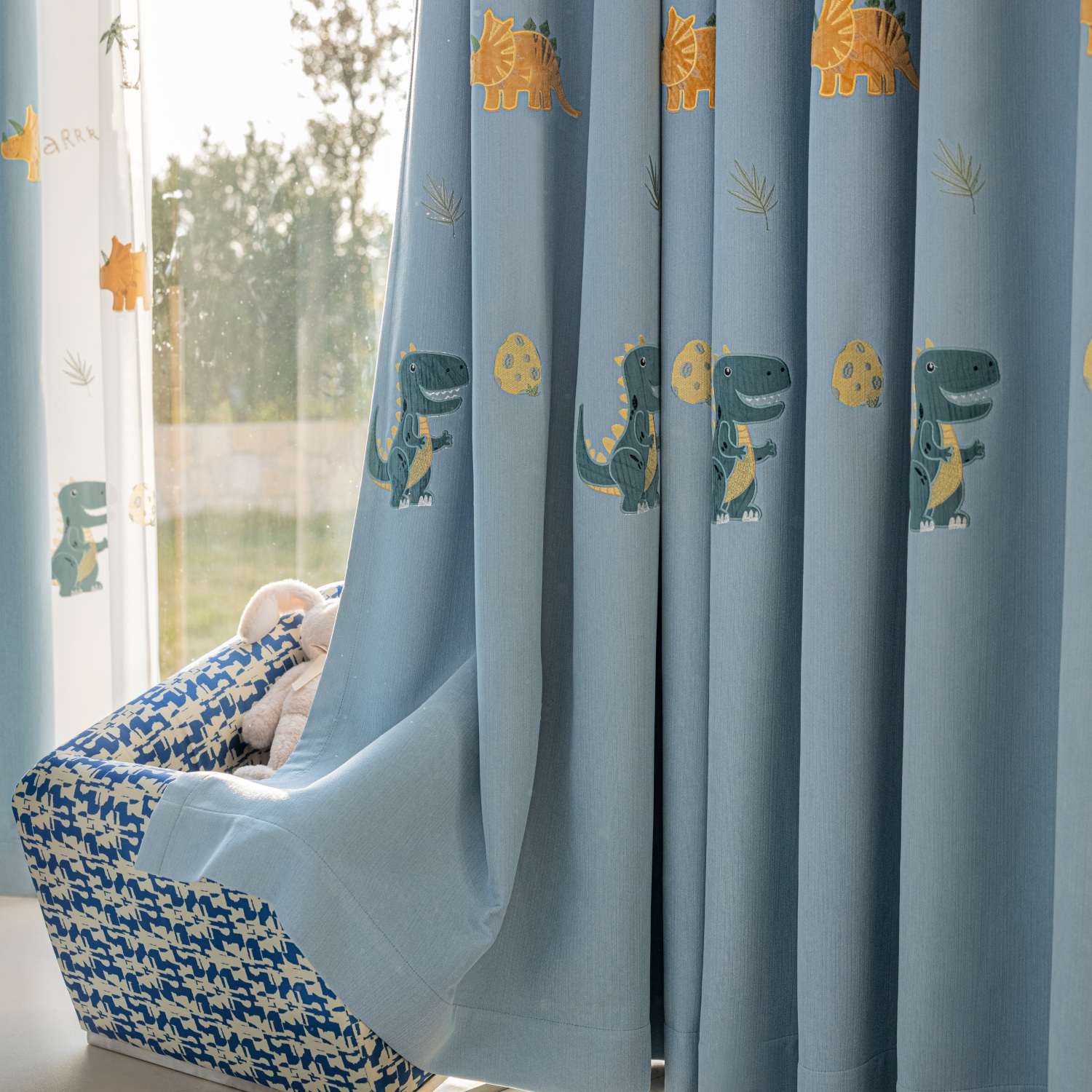 Baby Nursery Embroidery - Blue Cartoon Dinosaur Kids Blackout Curtains,