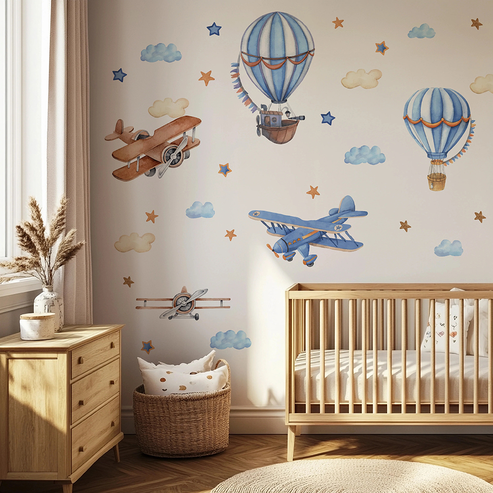 Baby Nursery Furniture - Cartoon Airplanes Hot Airballoon Wall Stickers
